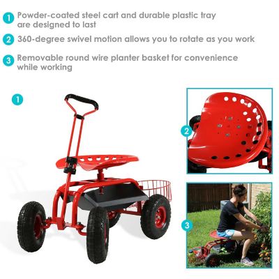 Sunnydaze Outdoor Lawn and Garden Heavy-Duty Steel Rolling Gardening Cart with Extendable Steer Handle, Swivel Chair, Tool Tray, and Basket - Red Image 3