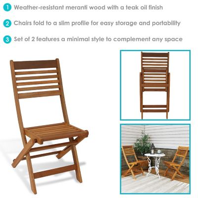 Sunnydaze Outdoor Meranti Wood with Teak Oil Finish Wooden Folding Patio Bistro Chairs Set - Brown - 2pk Image 3