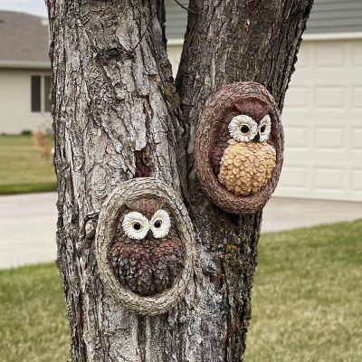Sunnydaze Outdoor Polyresin Winifred and Wesley the Wise Old Owls Tree Hugger Tree Trunk Garden Sculpture Decoration - 9" - 2pc Image 1