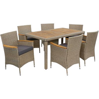 Sunnydaze Outdoor Rattan and Acacia Wood Foxford Patio Dining Set with Table, Chairs, and Seat Cushions - Gray - 7pc Image 1