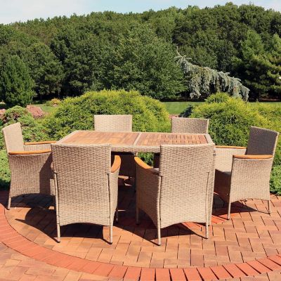Sunnydaze Outdoor Rattan and Acacia Wood Foxford Patio Dining Set with Table, Chairs, and Seat Cushions - Gray - 7pc Image 1
