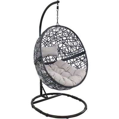 Sunnydaze Outdoor Resin Wicker Jackson Hanging Basket Egg Chair Swing with Cushions, Headrest, and Steel Stand Set - Gray - 3pc Image 1