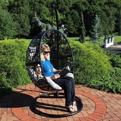 Sunnydaze Outdoor Resin Wicker Jackson Hanging Basket Egg Chair Swing with Cushions, Headrest, and Steel Stand Set - Gray - 3pc Image 3