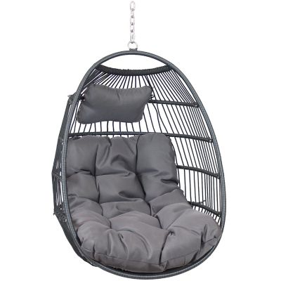 Sunnydaze Outdoor Resin Wicker Julia Hanging Basket Egg Chair Swing with Cushions and Headrest - Gray - 2pc Image 1