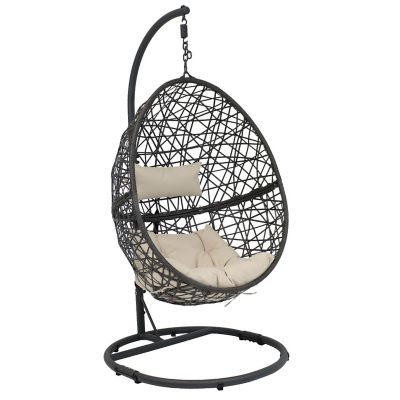 Sunnydaze Outdoor Resin Wicker Patio Caroline Lounge Hanging Basket Egg Chair Swing with Cushions and Steel Stand Set - Beige - 3pc Image 1