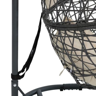 Sunnydaze Outdoor Resin Wicker Patio Caroline Lounge Hanging Basket Egg Chair Swing with Cushions and Steel Stand Set - Beige - 3pc Image 1