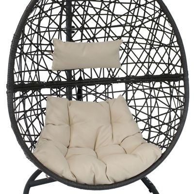 Sunnydaze Outdoor Resin Wicker Patio Caroline Lounge Hanging Basket Egg Chair Swing with Cushions and Steel Stand Set - Beige - 3pc Image 3