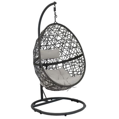 Sunnydaze Outdoor Resin Wicker Patio Caroline Lounge Hanging Basket Egg Chair Swing with Cushions and Steel Stand Set - Gray - 3pc Image 1