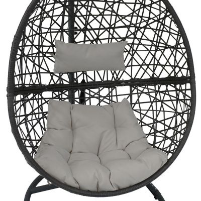 Sunnydaze Outdoor Resin Wicker Patio Caroline Lounge Hanging Basket Egg Chair Swing with Cushions and Steel Stand Set - Gray - 3pc Image 3