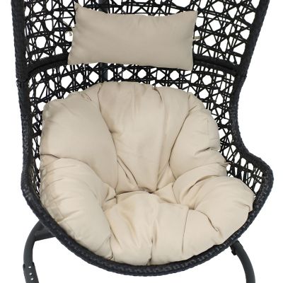 Sunnydaze Outdoor Resin Wicker Patio Cordelia Hanging Basket Egg Chair Swing with Cushion, Headrest, and Steel Stand Set - Beige - 3pc Image 3
