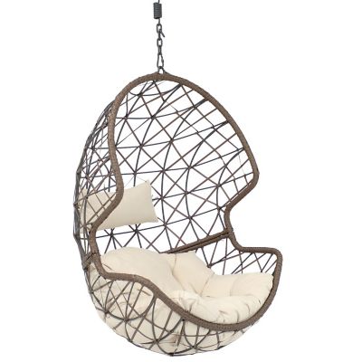 Sunnydaze Outdoor Resin Wicker Patio Danielle Hanging Basket Egg Chair Swing with Cushion and Headrest - Beige - 2pc Image 1