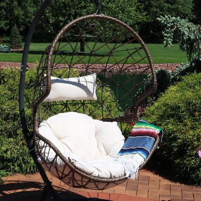 Sunnydaze Outdoor Resin Wicker Patio Danielle Hanging Basket Egg Chair Swing with Cushion and Headrest - Beige - 2pc Image 1