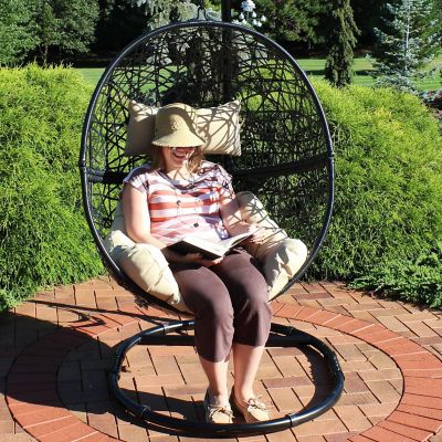 Sunnydaze Outdoor Resin Wicker Patio Jackson Hanging Basket Egg Chair Swing with Cushions and Headrest - Cream - 2pc Image 3