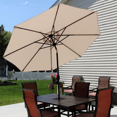 Sunnydaze Outdoor Solar Patio Umbrella with Polyester Canopy, LED Lights and Push Button Tilt and Crank - 9' - Beige Image 3