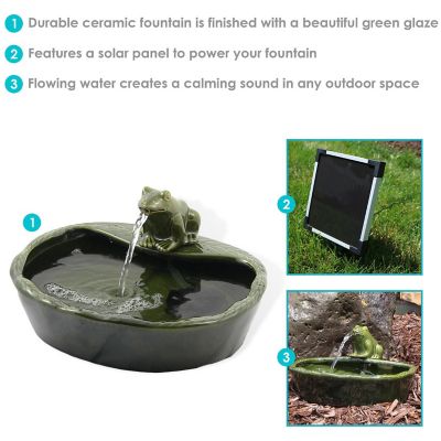Sunnydaze Outdoor Solar Powered Ceramic Spitting Frog Water Fountain with Submersible Pump - 7" - Green Image 3