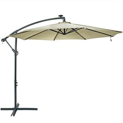 Sunnydaze Outdoor Steel Solar Light Offset Cantilever Patio Umbrella with Crank and Base - 10' - Beige Image 1
