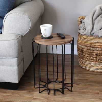 Sunnydaze Steel Wire Indoor End Table with Faux Woodgrain MDF Tabletop - 17.75&#8221; H - Brown Image 1