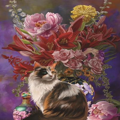 Sunsout Cats and Flowers Four Chinoiserie 500 pc Large Pieces Jigsaw Puzzle Image 1