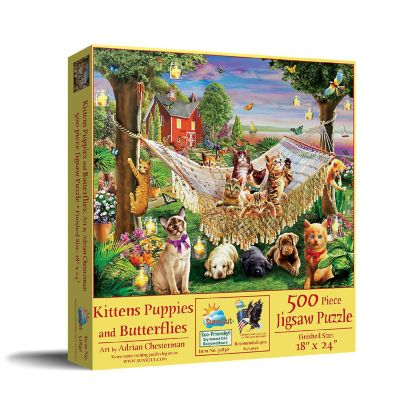 Sunsout Kittens Puppies and Butterflies 500 pc  Jigsaw Puzzle Image 1