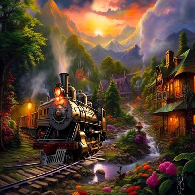 Sunsout Village Train 1000 pc  Jigsaw Puzzle Image 1