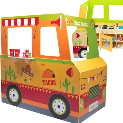 Taco Truck Wooden Playset, 30 Toy Pieces Including Cook Top, Steering Wheel, Sink, Sticker Sheet for Kids Name, Food, Taco Shells, Cheese, Patties, Dual Sided P Image 1