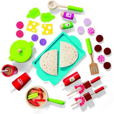 Taco Truck Wooden Playset, 30 Toy Pieces Including Cook Top, Steering Wheel, Sink, Sticker Sheet for Kids Name, Food, Taco Shells, Cheese, Patties, Dual Sided P Image 2