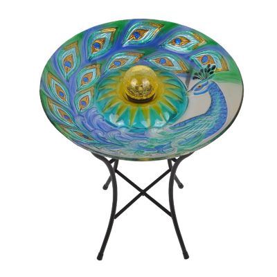 Teamson Home 18" Outdoor Solar Glass Peacock Birdbath with LED Lights and Stand, Multicolor Image 1