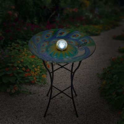 Teamson Home 18" Outdoor Solar Glass Peacock Birdbath with LED Lights and Stand, Multicolor Image 2