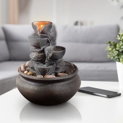 Teamson Home Indoor/Outdoor Tabletop Waterfall Fountain with LED Light, Stone Gray Image 1
