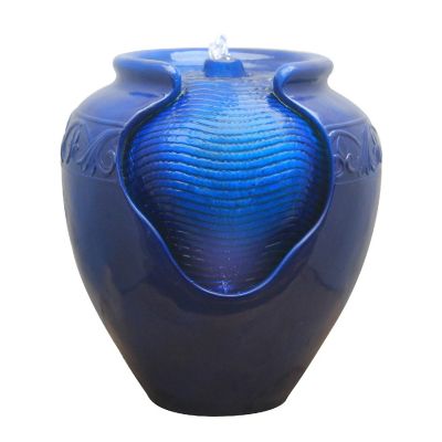 Teamson Home Outdoor Glazed Pot Floor Fountain with LED Lights, Royal Blue Image 1