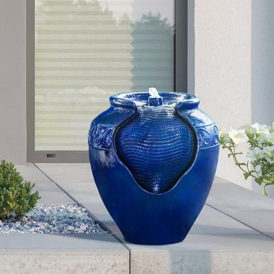 Teamson Home Outdoor Glazed Pot Floor Fountain with LED Lights, Royal Blue Image 1
