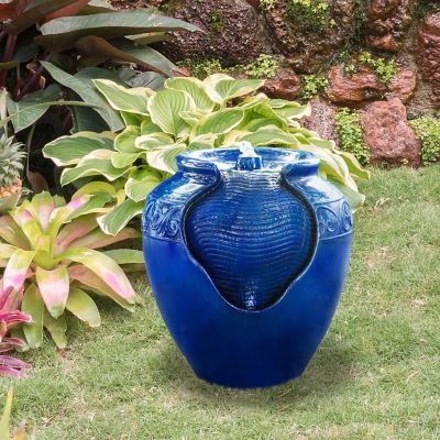 Teamson Home Outdoor Glazed Pot Floor Fountain with LED Lights, Royal Blue Image 2