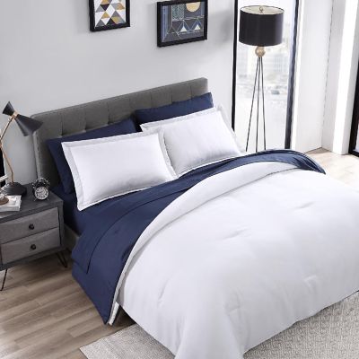 The Nesting Company Chestnut Reversible Bed in a bag Bedding Collection in King 7 Piece Comforter and Sheet Set in White and Navy King Image 1