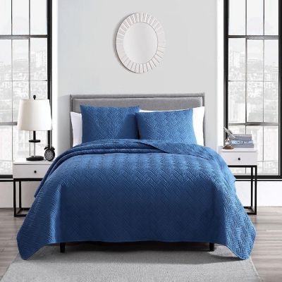 The Nesting Company Willow Bedding Collection Embossed Queen Size Quilt Coverlet 3 Piece Set with 2 Pillow Shams in Slate Blue Image 1