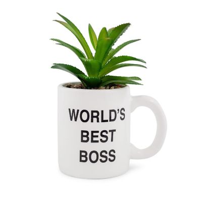 The Office "World's Best Boss" 3-Inch Ceramic Mini Planter With Artificial Succulent Image 1