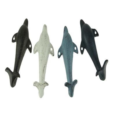 Things2Die4 4 Piece Distressed Finish Cast Iron Dolphin Wall Hook Set Coastal Colors Image 1