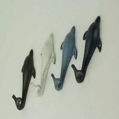 Things2Die4 4 Piece Distressed Finish Cast Iron Dolphin Wall Hook Set Coastal Colors Image 1