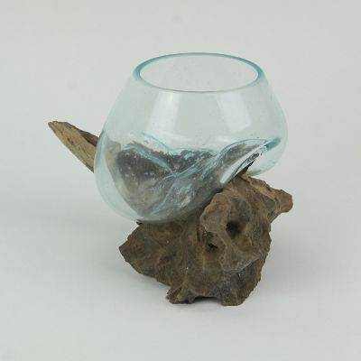 Things2Die4 Blown Molten Glass On Teak Driftwood Decorative Bowl / Mini Terrarium Image 2