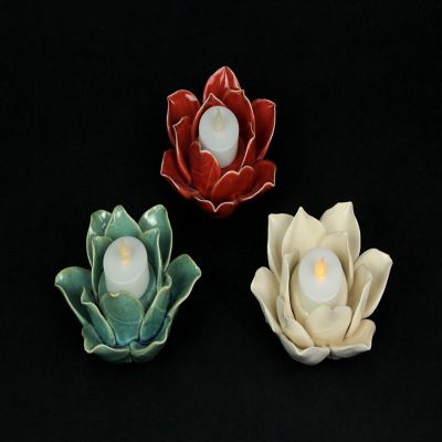 Things2Die4 Set of 3 Ceramic Flower Tealight Candle Holders Decorative Votive Light Decor Image 2