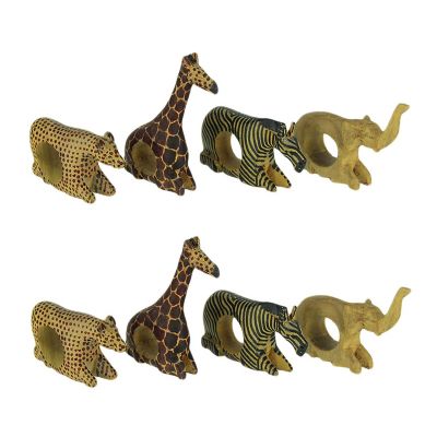 Things2Die4 Set of 8 African Wild Animal Hand Carved Wooden Napkin Rings Image 1