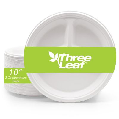 Three Leaf 10" 3 Compartment Bagasse Disposable Round Plate, 500 Ct. Image 1