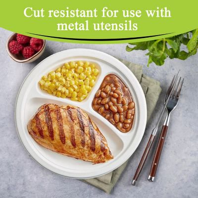 Three Leaf 10" 3 Compartment Bagasse Disposable Round Plate, 500 Ct. Image 2