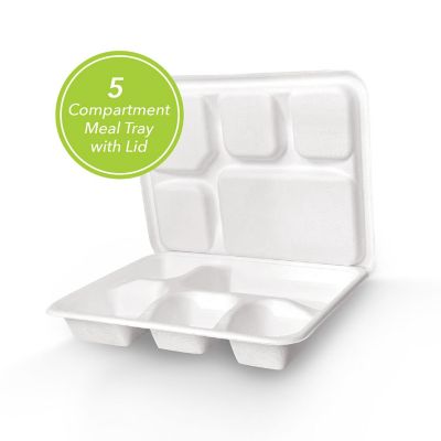 Three Leaf 5 Compartment Disposable Meal Tray With Lid Set, 200 Sets. Image 1