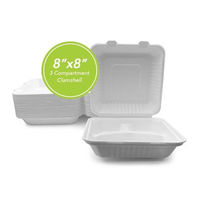 Three Leaf 8" X 8" 3 Compartment Bagasse Disposable Clamshell, 200 Ct. Image 1