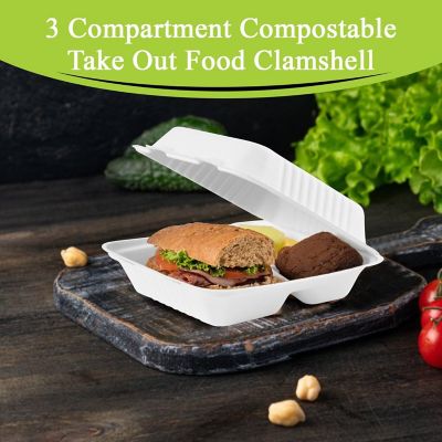 Three Leaf 8" X 8" 3 Compartment Bagasse Disposable Clamshell, 200 Ct. Image 1