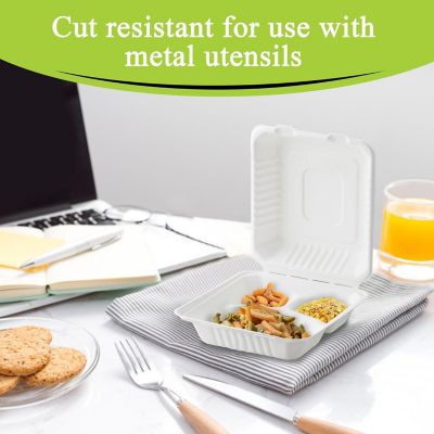 Three Leaf 8" X 8" 3 Compartment Bagasse Disposable Clamshell, 200 Ct. Image 2