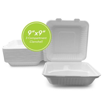 Three Leaf 9" X 9" 3 Compartment Bagasse Disposable Clamshell, 200 Ct. Image 1