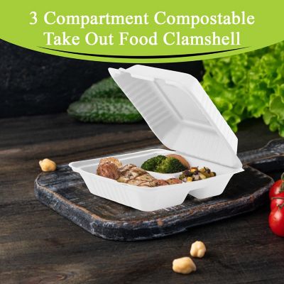 Three Leaf 9" X 9" 3 Compartment Bagasse Disposable Clamshell, 200 Ct. Image 1