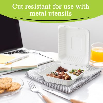Three Leaf 9" X 9" 3 Compartment Bagasse Disposable Clamshell, 200 Ct. Image 2
