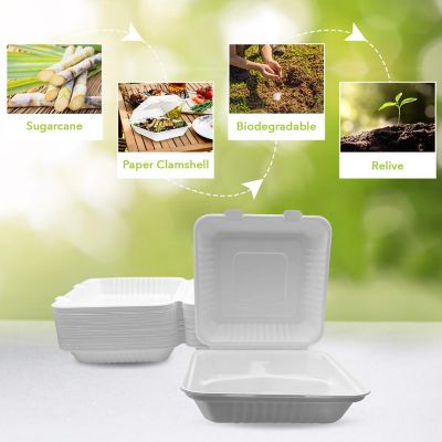 Three Leaf 9" X 9" 3 Compartment Bagasse Disposable Clamshell, 200 Ct. Image 3